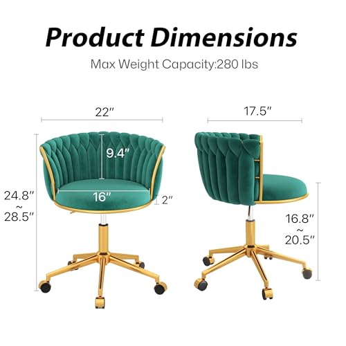 HENGJIANYI Velvet Woven Home Swivel Vanity Desk Chair with Gold Base, Green | Modern Height Adjustable Office Chair with Metal Base and Hand Weaving Back Wheels for Bedroom Study Small Space girl women - color: Green
