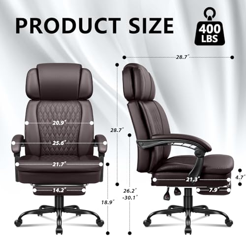 Office Desk Chair with Foot-Rest 400lbs, Heavy Duty Executive Office Chair, Comfy High Back Ergonomic PU Leather Reclining Desk Chair with Lumbar Support, Brown - color: Brown