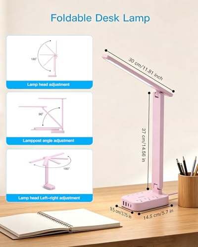 LED Desk Lamp, Power Strip with 4 USB 3 Outlets, Dorm Room Essentials, Pink - color: Pink, size: 5 Ft