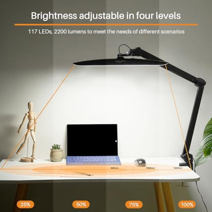 20-Inch LED Desk Lamp with Clamp, 24W 2200LM, Protected Arm, Black | 117 SMD LEDs deliver eye-caring daylight illumination with 4 brightness levels and reinforced dual metal arms - size: BLACK-NonCCT-Protective