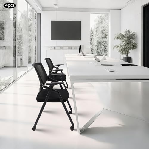 4 Pack Foldable Office Chair Without Desk, Stackable Reception Guest Chair with Wheels, Mesh Back Conference Room Chairs for Waiting Meeting Schools Training - size: 4PCS Wheels