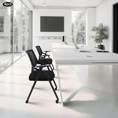 4 Pack Foldable Office Chair Without Desk, Stackable Reception Guest Chair with Wheels, Mesh Back Conference Room Chairs for Waiting Meeting Schools Training - size: 4PCS Wheels