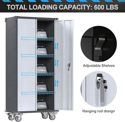 Rolling Garage Storage Cabinet with Locking Door and Shelves, 71''H Lockable Metal Storage Cabinet on Wheels, Steel Tool Cabinet for Warehouse, Basement, Utility Room, Black&Gray - size: Large