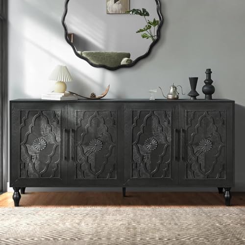 Sideboard Buffet Credenza 63" W Wooden Accent Cabinet with Storage | Entryway Table with Adjustable Shelves, Carved Doors Modern Vintage Mid Centry Sideboard Console TV Stand Wire Hole Black - color: Antique Black