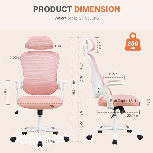 Sweetcrispy Computer Desk Chair, Mesh Office Chair with Lumbar Support | Ergonomic High-Back, Rolling Work, Adjustable Headrests, Flip-up Arms, Home Bedroom Study, Pink - color: Pink, style: Flip-up Armrest