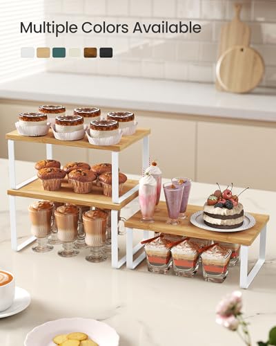SONGMICS Cabinet Organizer Shelf, Set of 3 Spice Rack, Kitchen Storage | Kitchen Counter Shelves, Kitchen Storage, Spice Rack, Light Bamboo and Matte White, BYSTRO Collection UKCS014W01 - color: Cloud White + Natural Beige