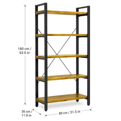 Real Solid Wood Rustic Vintage Industrial Etagere Bookshelf, Metal & Timber Free Vintage Bookcase, Golden (Genuine Timber) (5-Tiers-Golden Oak) - size: 5-Tiers-Golden Oak