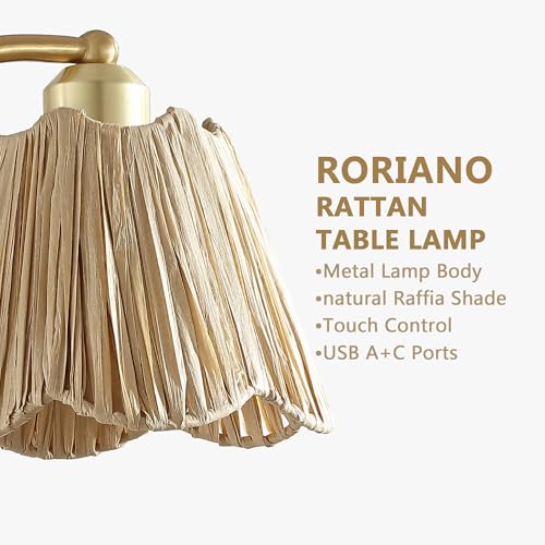 Set of 2 Boho Rattan Small Touch Table Lamps with USB C+A Ports | Bedroom Farmhouse Lamp and Retro Rattan Shade for Living Room Entryway Office, LED Bulbs Included - color: Brass