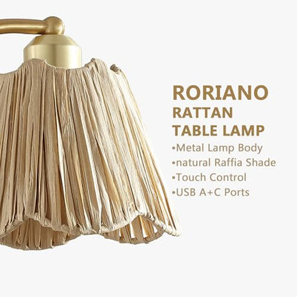 Set of 2 Boho Rattan Small Touch Table Lamps with USB C+A Ports | Bedroom Farmhouse Lamp and Retro Rattan Shade for Living Room Entryway Office, LED Bulbs Included - color: Brass