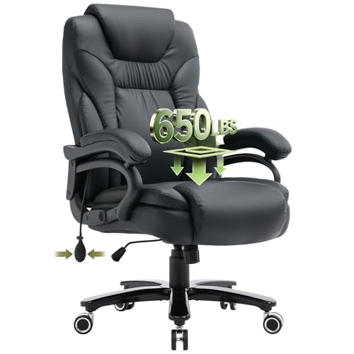 650lbs Big and Tall Office Chair for Heavy People,Ergonomic High Back PU Leather Computer Chair with Adjustable Lumbar Support,Comfy Executive Office Desk Chair with Wide Seat,Silent Wheels,Black