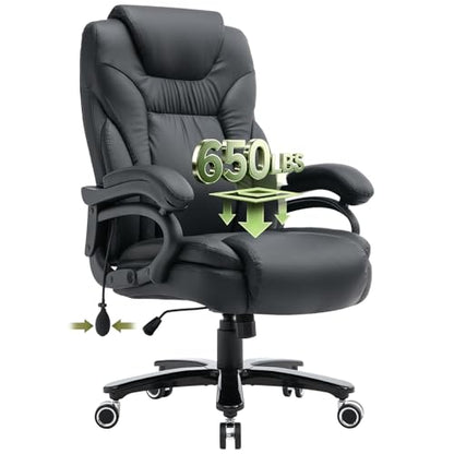 650lbs Big and Tall Office Chair for Heavy People,Ergonomic High Back PU Leather Computer Chair with Adjustable Lumbar Support,Comfy Executive Office Desk Chair with Wide Seat,Silent Wheels,Black