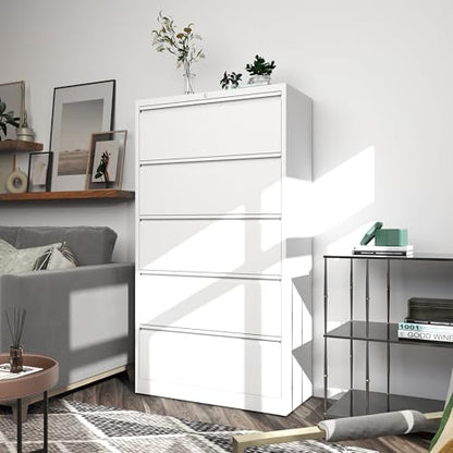5 Drawer File Cabinet with Lock, Metal Lateral Filing Cabinets - color: White, size: 5 Drawer_ 35"W
