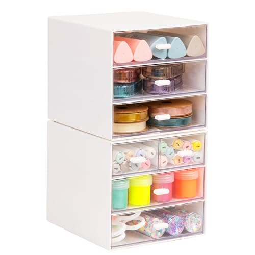 Mind Reader Stackable Craft Supply Organizer, 6 Drawer Desktop Storage with Clear Drawers, Plastic, Set of 2, White - color: White 6 Drawer Organizer