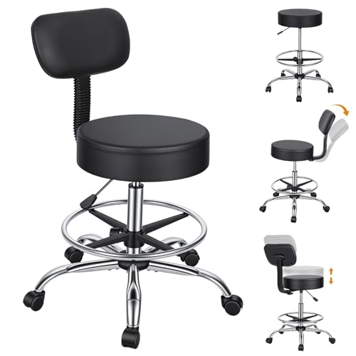 Wufuuoa Drafting Chair with Backrest, Height Adjustable Rolling Stool with Footrest Ring, Faux Leather Thick Cushion Office Stool, Heavy Duty 250lbs Capacity for Workshop Garage Salon Kitchen Black