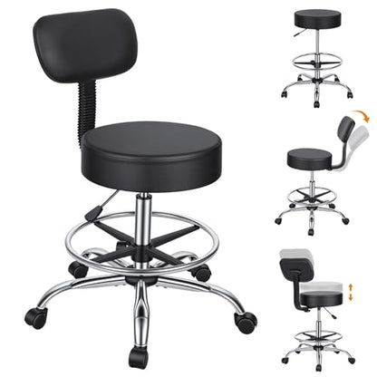 Wufuuoa Drafting Chair with Backrest, Height Adjustable Rolling Stool with Footrest Ring, Faux Leather Thick Cushion Office Stool, Heavy Duty 250lbs Capacity for Workshop Garage Salon Kitchen Black