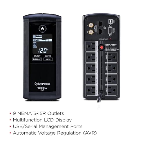 CyberPower CP1000AVRLCD Intelligent LCD UPS Battery Backup | Surge Protector, 1000VA/600W, 9 Outlets, AVR, Mini-Tower - size: 1000VA