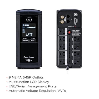 CyberPower CP1000AVRLCD Intelligent LCD UPS Battery Backup | Surge Protector, 1000VA/600W, 9 Outlets, AVR, Mini-Tower - size: 1000VA