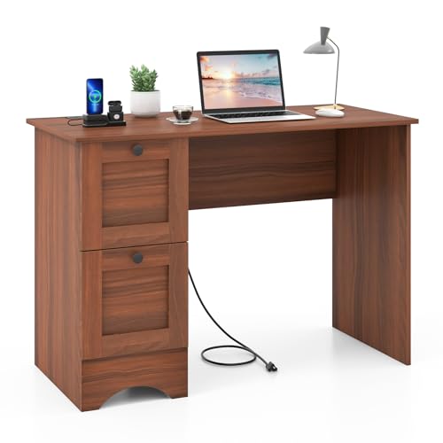 Tangkula Computer Desk with Drawers & Charging Station, Wooden Home Office Desk PC Laptop Notebook Desk, Compact Study Desk Writing Desk, Computer Workstation Ideal for Home & Office - color: Walnut