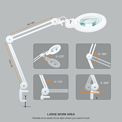 Bifocals Magnifying Desk Lamp with Clamp, 5 Diopter with 20 Diopter, 6 Inch Detachable Lens and 120PCS LEDs, 3 Color Modes 1200 Lumens Swivel Arm Magnifying Lamp with Light for Crafts (White) - color: White