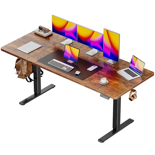 Huuger 63 x 28 Large Electric Standing Desk, Height Adjustable Computer Desk, 27.6" Deep Desktop, Stand up Gaming Office Table with 2 Hooks, 3 Preset Heights, for Home Office, Rustic Brown, 7021Z-1 - color: Rustic Brown, size: 63*28 inch (no outlets)