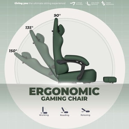 GTPLAYER Big and Tall Gaming Chair 400lbs Heavy Duty Office Chair with Footrest, High Back Pocket Spring Ergonomic Computer Chair for Adults, Wide Seated Cushion with Linkage Armrests, Leather Green - color: Dark Green