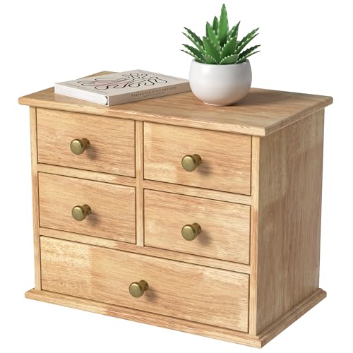 Oak Desk Organizer with Drawers, Durable Wooden Desktop Storage Box | 5 Drawer Tabletop Organizer with Metal Handle & Non-Slip Pad for Office, Bedroom, Bathroom, Vanity, Makeup, Light Burnt Brown - color: Light Burnt Brown, size: 5 Drawers