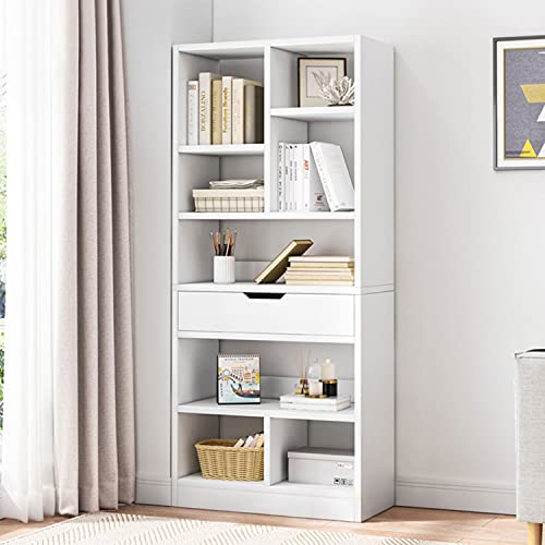 IOTXY 61" Tall Open Shelf Bookcase with 8 Cubes and a Drawer, Warm White | Fits Books, Decor, Toys, Storage Cabinet Organizer, Anti-Tip Hardware Prevents Tipping, For Living Room and Bedroom - color: Warm White, size: 61"H