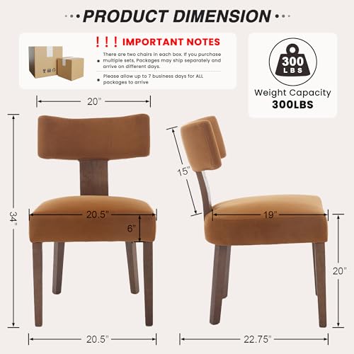 HNY Mid Century Modern Dining Chairs, Velvet Fabric Farmhouse Upholstered and Curved Backrest Kitchen Accent Chairs Set of 2, with Hardwood Frame, Burnt Caramel - color: Caramel Curved