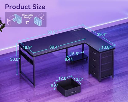 AODK 53" L Shaped Gaming Desk with 4 Drawers and Power Outlets, Black - color: Black, size: 53 Inch