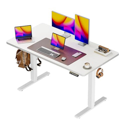 Huuger 48 x 28 Large Electric Standing Desk, Height Adjustable Desk, 27.6" Deep Desktop, Stand up Gaming, 2 Hooks, 3 Preset Heights, for Home Office, White - color: White, size: 48*28 inch (no outlets)