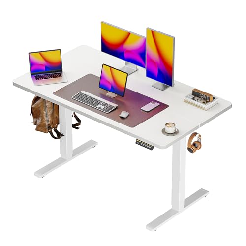 Huuger 48 x 28 Large Electric Standing Desk, Height Adjustable Desk, 27.6" Deep Desktop, Stand up Gaming, 2 Hooks, 3 Preset Heights, for Home Office, White - color: White, size: 48*28 inch (no outlets)