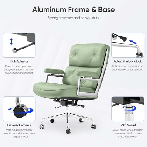 Genuine Leather Office Chair, Mid Back Executive Desk Chairs with Aluminum Arms and Wheels, Swivel Office Leather Chair with Thickened Backrest and Ergonomic Lumbar Support, Light Green - color: Light Green