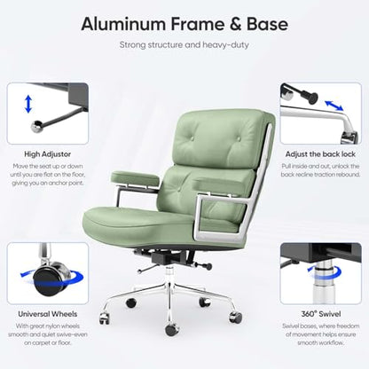 Genuine Leather Office Chair, Mid Back Executive Desk Chairs with Aluminum Arms and Wheels, Swivel Office Leather Chair with Thickened Backrest and Ergonomic Lumbar Support, Light Green - color: Light Green