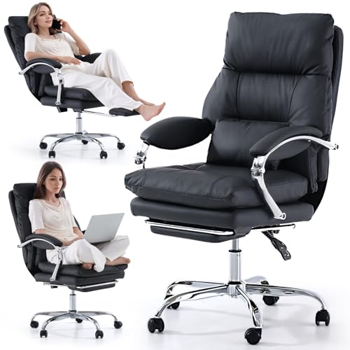 Office Chair with Foot Rest Ergonomic Reclining Computer Desk Chairs | PU Leather High Back Comfortable Swivel Rolling Chair with Lumbar Support 155° Recline Especially for Long Work Days, Black - color: Black