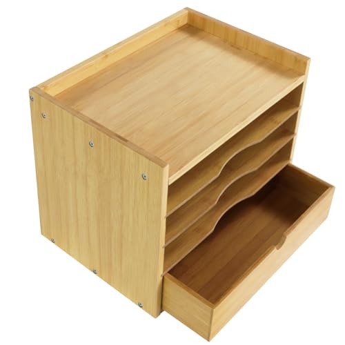KKTONER 5-Tier Bamboo Desk Organizer with Drawer Tabletop File Organizer Document Holder with Shelf Desktop Cabinet for Home Office School Supplies (Natural)