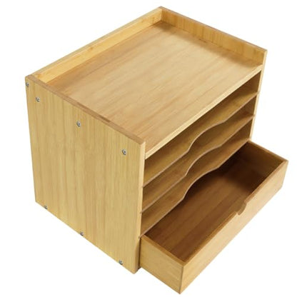 KKTONER 5-Tier Bamboo Desk Organizer with Drawer Tabletop File Organizer Document Holder with Shelf Desktop Cabinet for Home Office School Supplies (Natural)