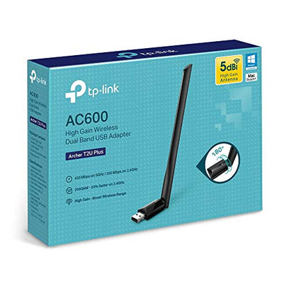 TP-Link AC600 USB WiFi Adapter for Desktop PC - USB Wireless Adapter for PC | WiFi dongle for PC with 2.4GHz, 5GHz High Gain Dual Band 5dBi Antenna, Supports Win11/10/8.1/8/7/XP, Black (Archer T2U Plus) - size: AC600, WiFi 5