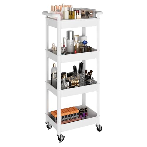 MIOCASA Utility Rolling Cart with Detachable Tray Top, 4-Tier Kitchen Storage Organization, Art Cart with Wheels for Office, Classroom, Livingroom, Kitchen, Bathroom (White, 4-Tier-Plastic) - size: 4-Tier, style: White