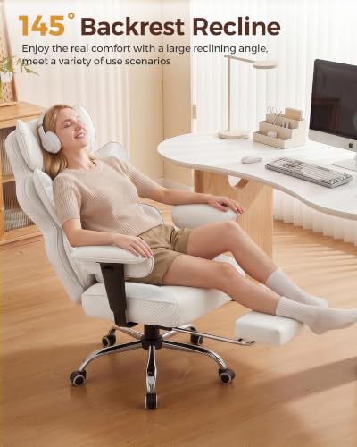 COMHOMA Big and Tall Office Chair Heavy Duty Gaming Chair with Deluxe Embossing Leather High Back Wider Ergonomic Computer Chair with Foot Rest 145°Reclining Pocket Spring Lumbar Support - color: Ivory White