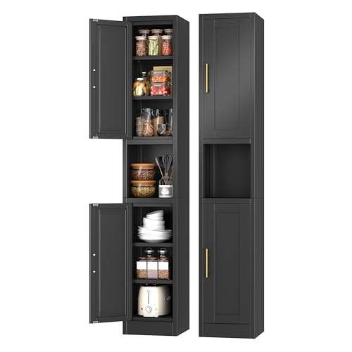 Metal Tall Narrow Storage Cabinet,67" H Freestanding Floor Cabinet with 2 Doors and 4 Adjustable Shelves,Pantry Storage Cabinets for Bathroom,Living Room,Entryway and Kitchen(Black) - color: Black, size: 11.81"W