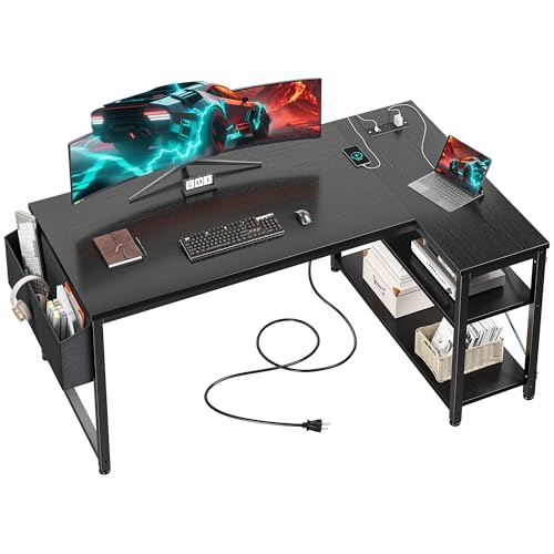 EnHomee Office Desk with Outlet,Power Home Office & Study Electronic Gear | Reliable Power Supply for Study & Electronic Device,Reversible Shelves & Side Bag,Convenience for Small Space, Black - color: Black, size: 40 Inch
