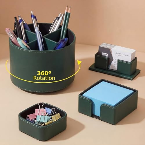 4 Pcs Rotating Leather Pen Holder for Desk Organizer Office Supplies Business Card Sticky Note Holder Paperclip Storage Desk Accessories Set for Teacher Back to School Gift(Green) - color: Green