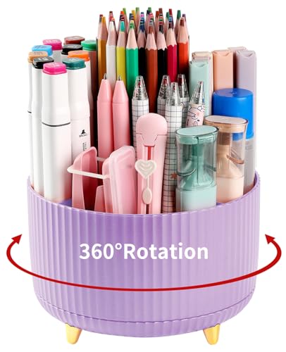 Desk Pencil Pen Holder, 5 Slots 360°Degree Rotating Pen Organizers for Desk, Desktop Storage Stationery Supplies Organizer, Cute Pencil Cup Pot for Office, School, Home, Art Supply, Purple - color: Purple