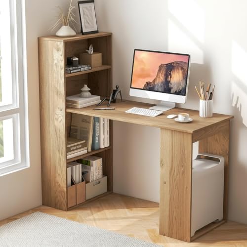 Tangkula Computer Desk with Bookshelf, Writing Study Desk with Storage Shelves & CPU Stand, Modern Compact Computer Workstation for Home & Office, Space-Saving Design(Natural) | Natural Wood Desk w/Storage Shelves & CPU Stand, Space-Saving Design Writing
