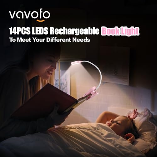 VAVOFO Rechargeable Book Light, 14 LEDs Eye Care Clip On Amber Reading Light for Bookworms Reading in Bed with 9 Colors 9 Brightness (Pink) - color: Pink