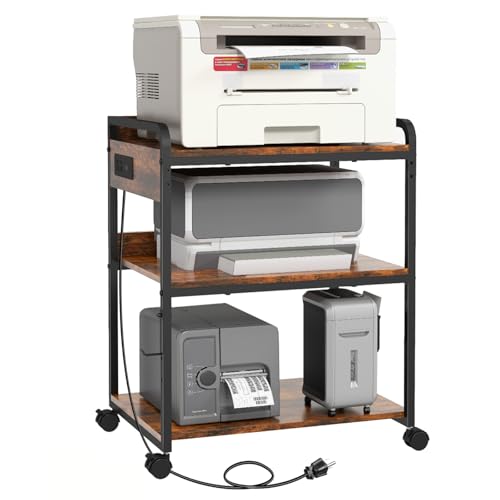 3-Tier Large Printer Stand with Power Outlet and Adjustable Storage Shelf | Printer Table for Home Office 25.2" x 18.9" Printer Cart with Wheels Rolling Cart for a CPU Tower or Shredder,Brown - color: Brown