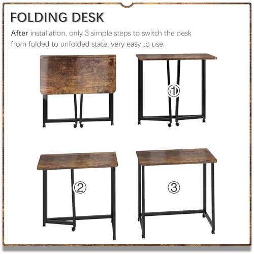 4NM 23.6" Mobile Small Folding Desk, Foldable Rolling Computer Home Office Desk, Study Writing Table for Small Space Saving Bedroom, with Wheels - Rustic Brown and Black - color: Rustic Brown and Black, size: 23.6"W x 15.7"D