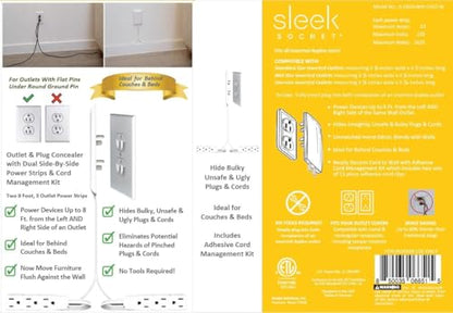 Sleek Socket Original and Patented Flat Ultra-Thin Outlet Concealer with EXTENSIO - size: 8 ft - Dual Cords, style: Inverted Outlet