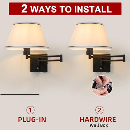 17" Swing Arm Wall Lamp White Fabric Shade - color: Black+White