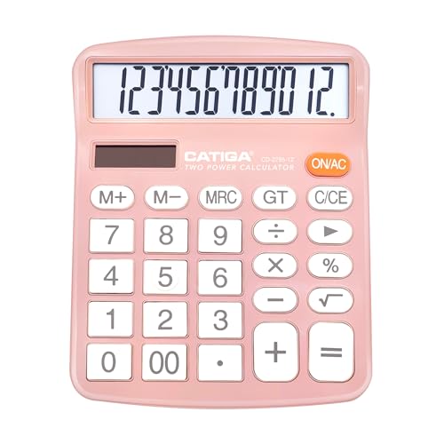 CATIGA 12 Digits Desktop Calculator with Large LCD Display and Sensitive Button, Dual Solar Power and Battery, Standard Function for Office, Home, School, CD-2786(Light Pink) - color: Light Pink